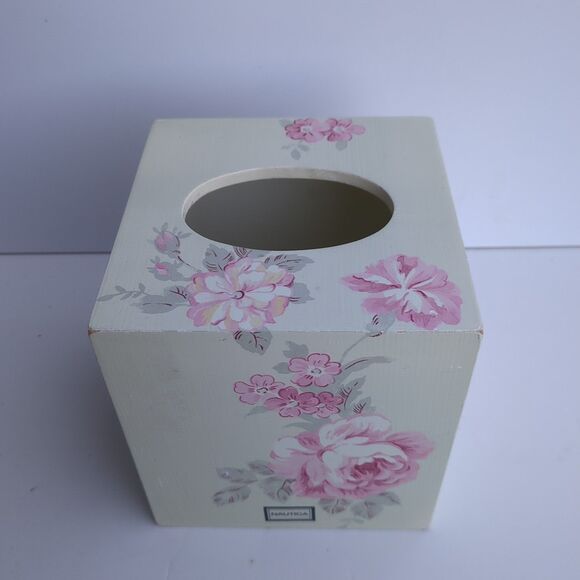 Nautica  wooden Tissue  Box  Cover pink Roses Cube cottage - Picture 2 of 5